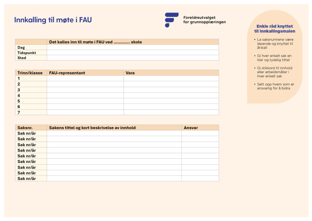 Innkallingsmal til møte i FAU